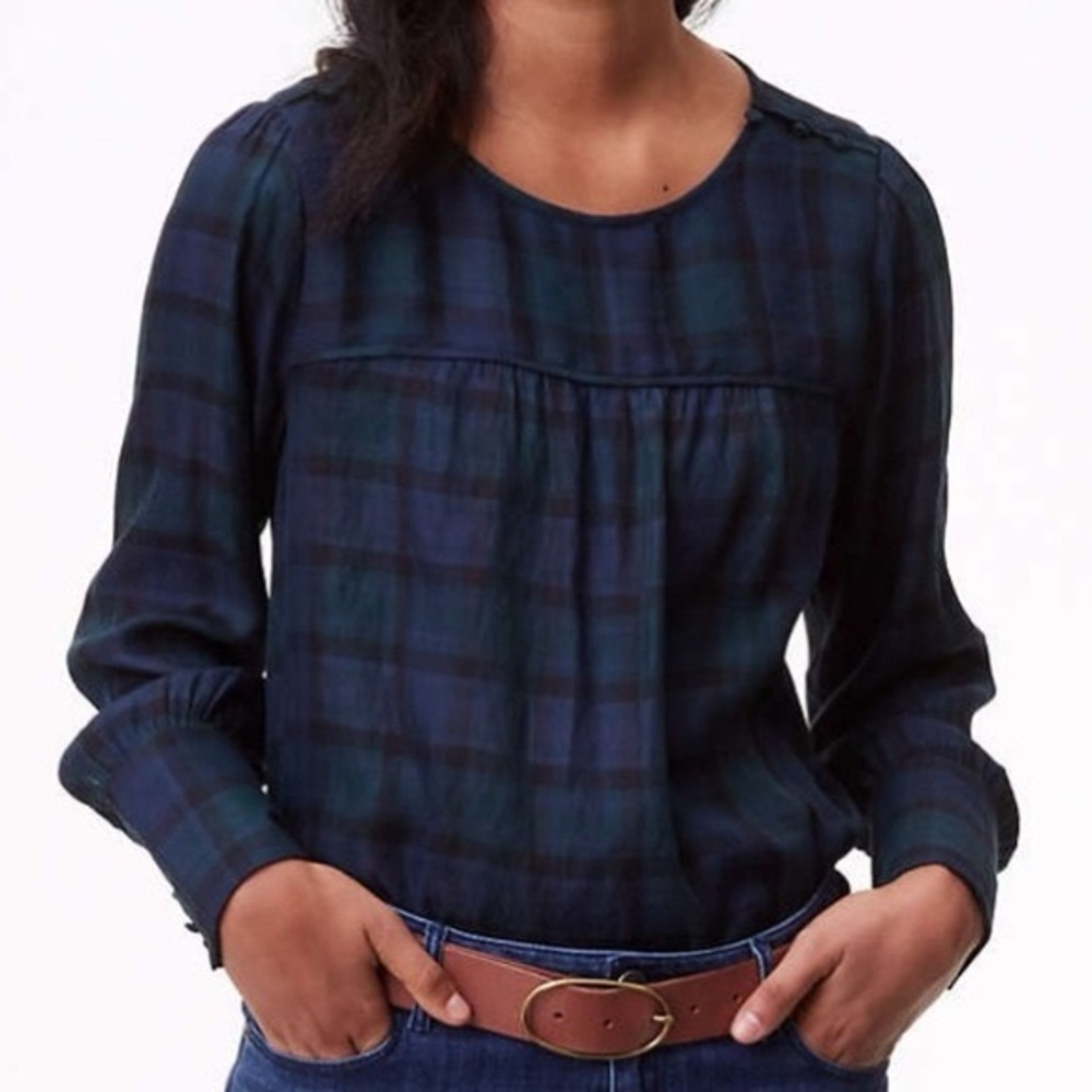 Loft Blue Green Black Plaid Balloon Sleeve Lightweight Pullover Blouse Sz S